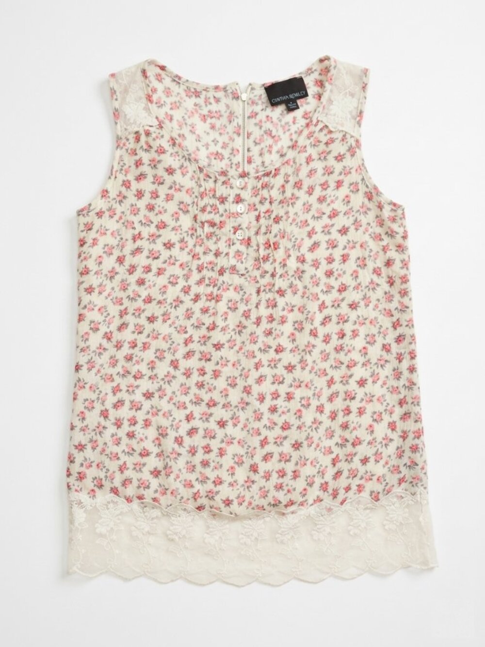CYNTHIA ROWLEY - Creme Floral Sleeveless blouse - lace detail front - Small